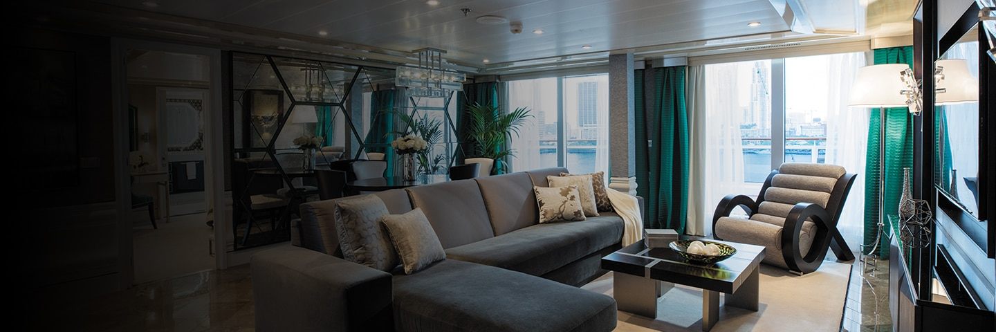 Wide living area of a large cruise ship suite